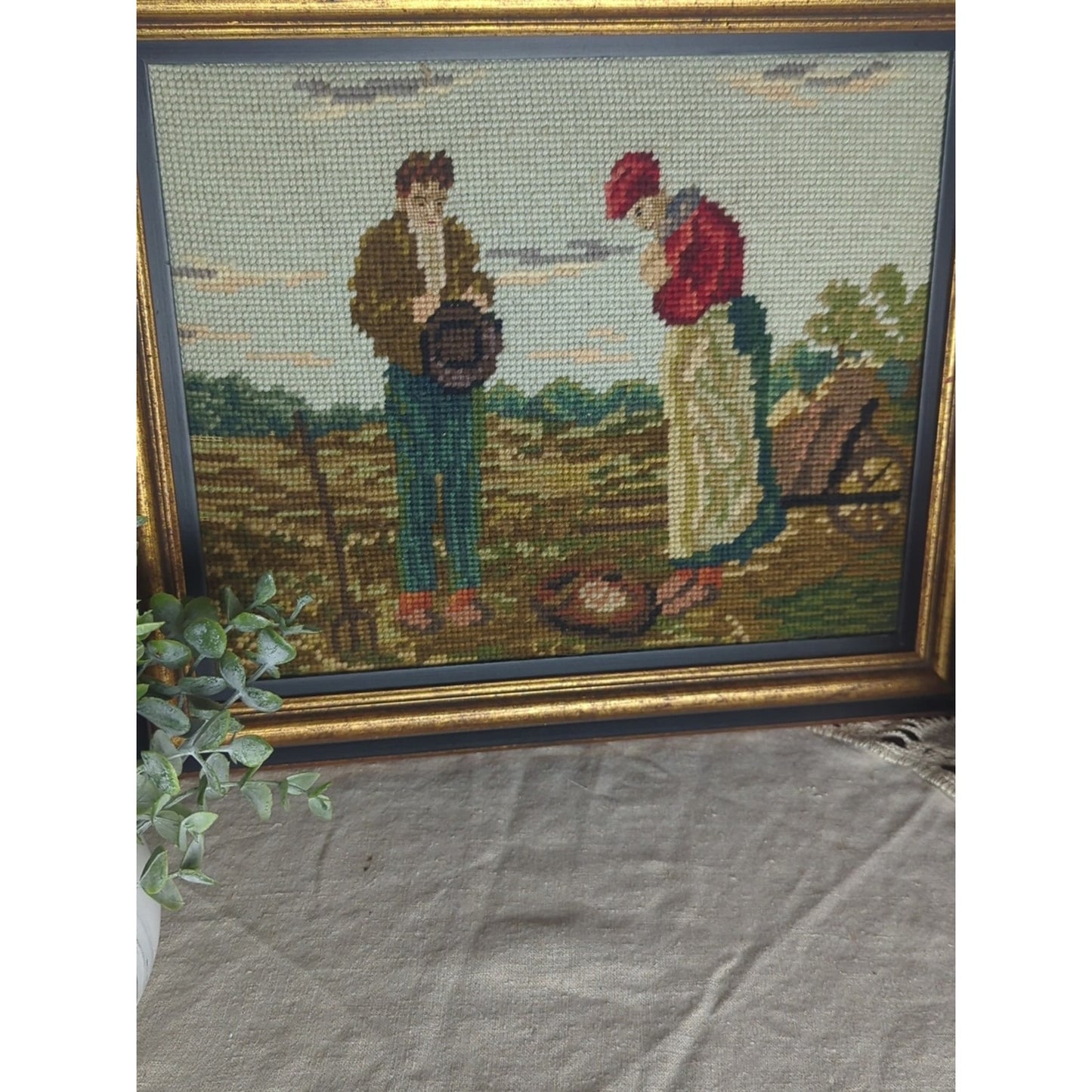 1960s Vintage Handmade Needlepoint Prayerful Farm Couple After Artist Millet