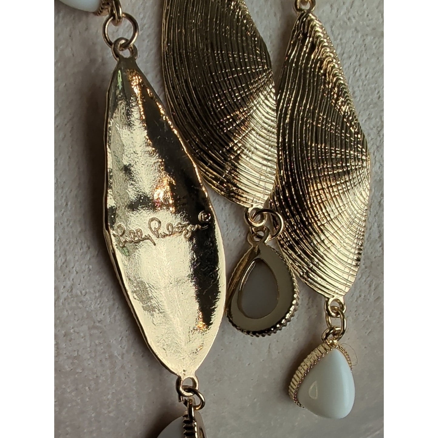 Lilly Pulitzer Gold Tone Statement Necklace Shell Fringe & White Glass Cabochons