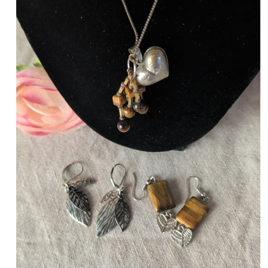 Vintage Free Spirit Jewelry Set Tiger Eye Heart Wing Earrings Romantic Pendant