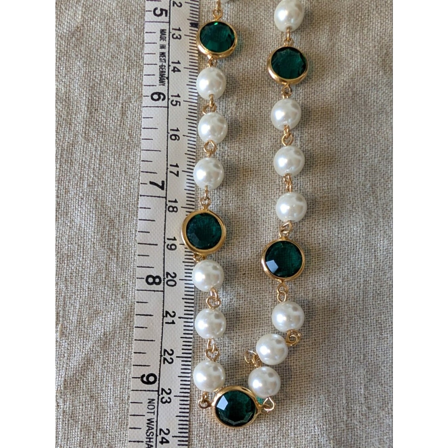 1928 14K Gold Dipped Faux Pearls Emerald Green Cabochon Necklace