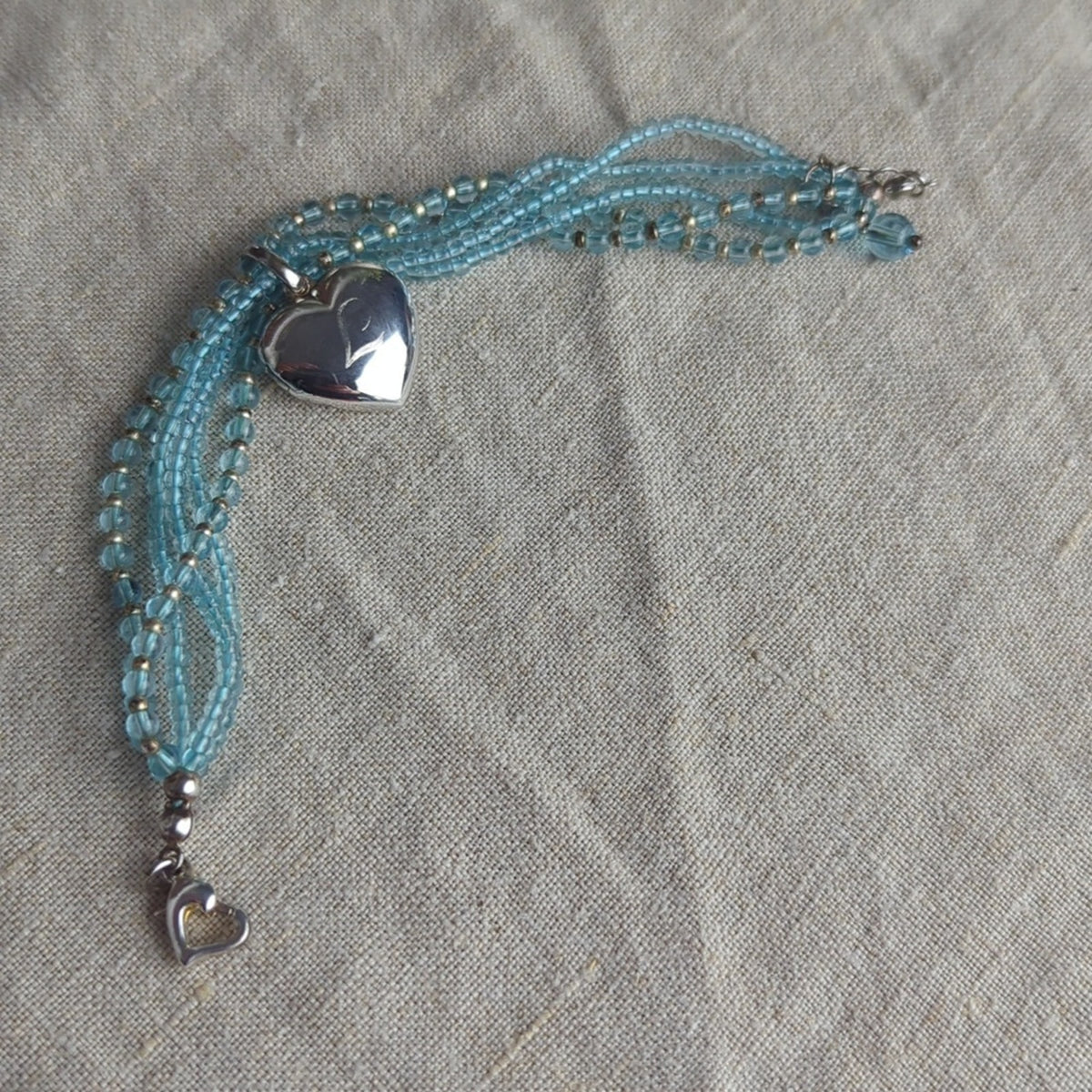 Vintage Blue Glass Beaded Bracelet Heart Locket Multi Strand