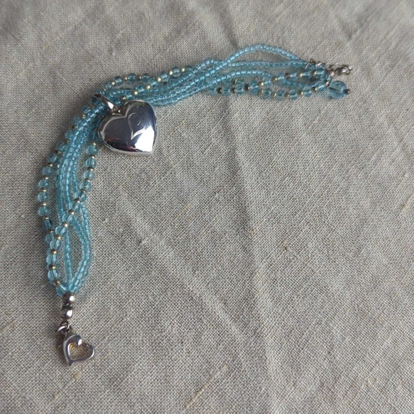Vintage Blue Glass Beaded Bracelet Heart Locket Multi Strand