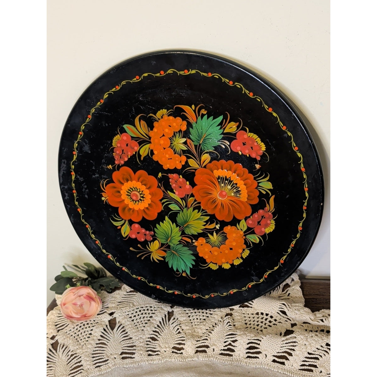 Vintage 1991 Ukrainian Petrykivka Hand Painted Wood 13” Folk Art Wall Plate USSR
