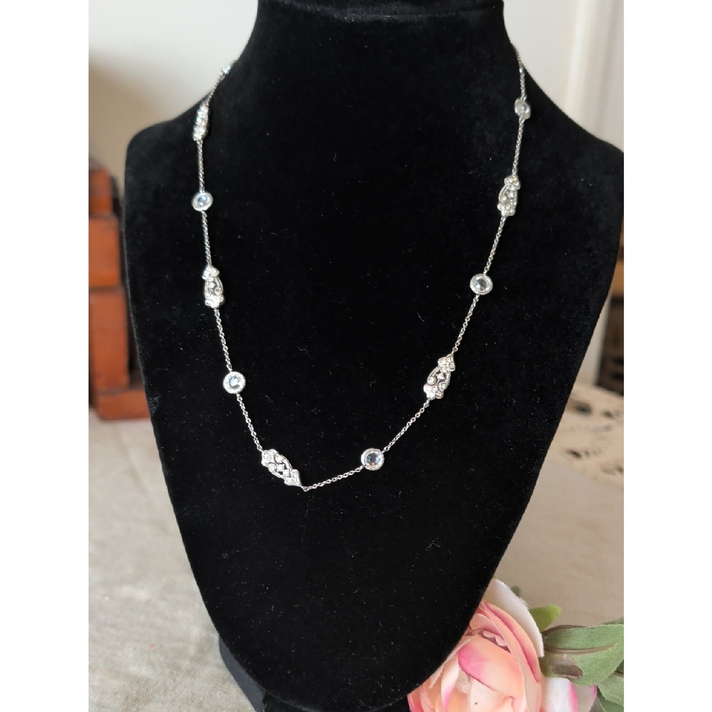 Nardi Venetian Revival Station Necklace CZ Filigree Silver Tone Art Deco Bridal