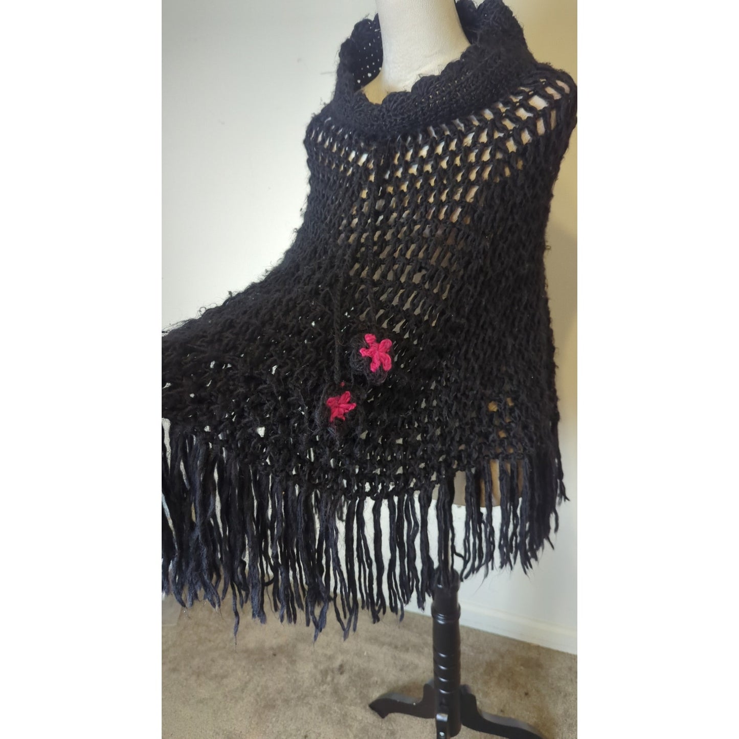 Fairy Grunge Black Open Knit Fringe Poncho Women's Medium