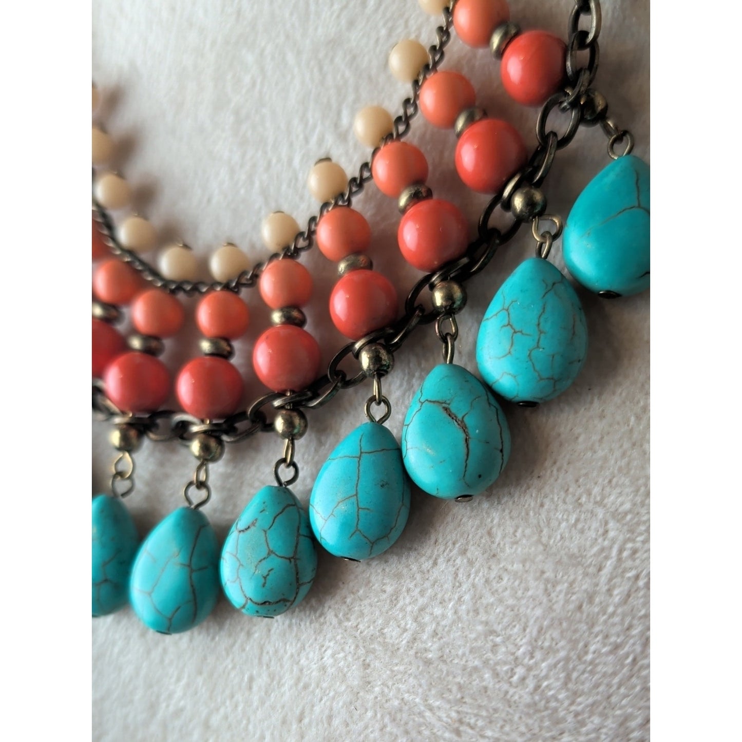 Turquoise Coral Glass Bead Bib Necklace Boho Southwestern Statement Necklace