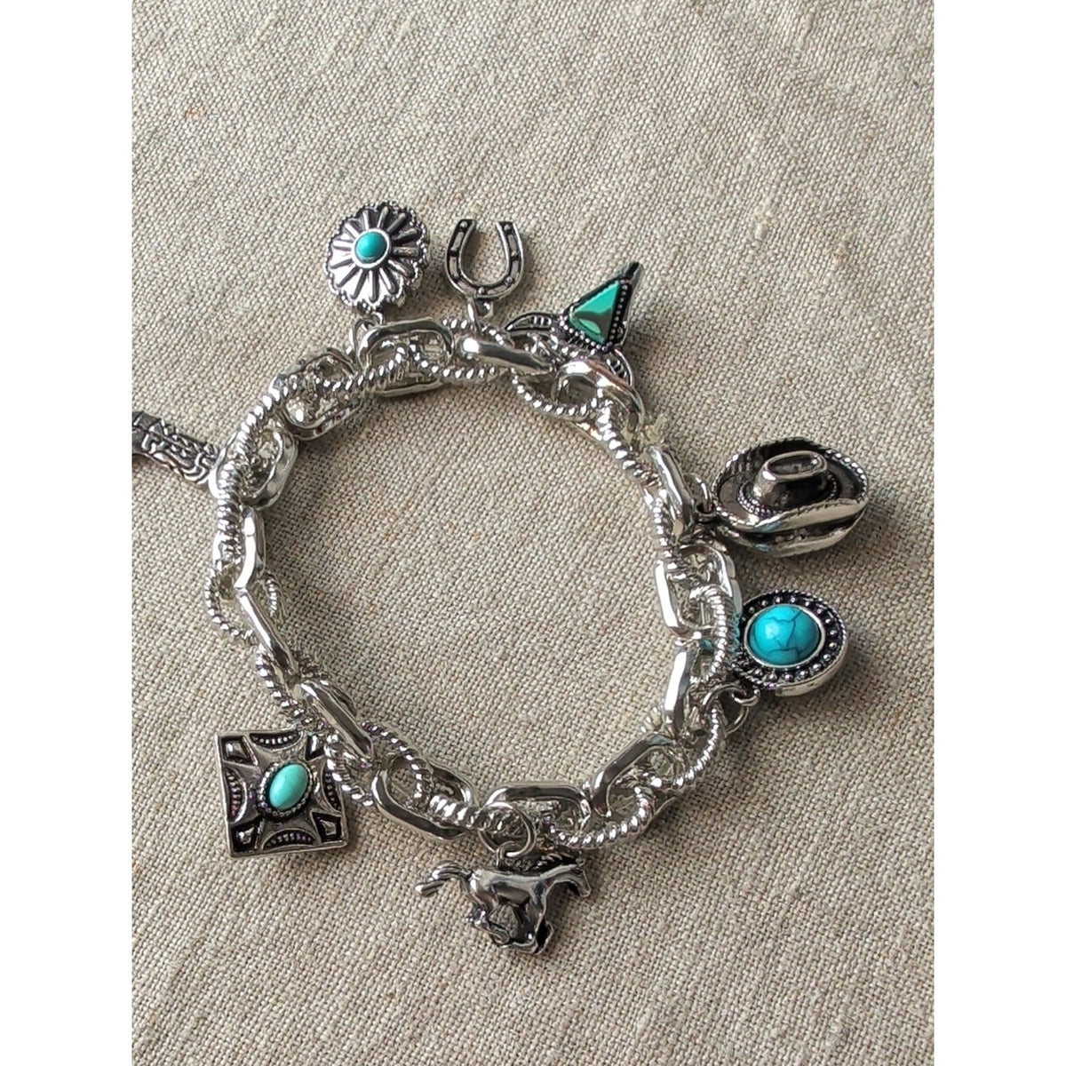 Atterie Western Charm Stretch Bracelet 7" Turquoise Color Cowboy Hat Horse