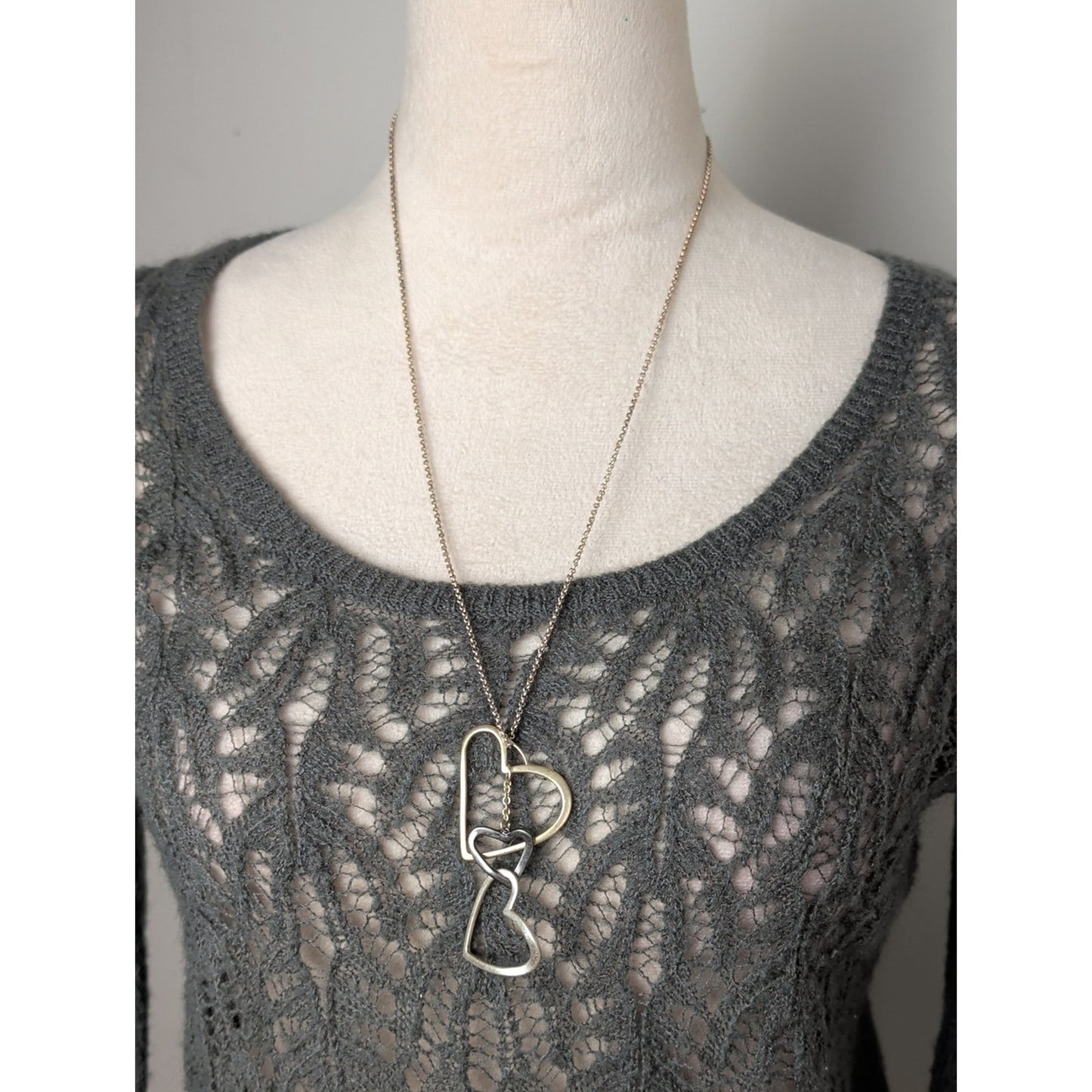 Vintage Fossil Three-Tone Heart Necklace Gold Silver & Gunmetal Hearts Charms