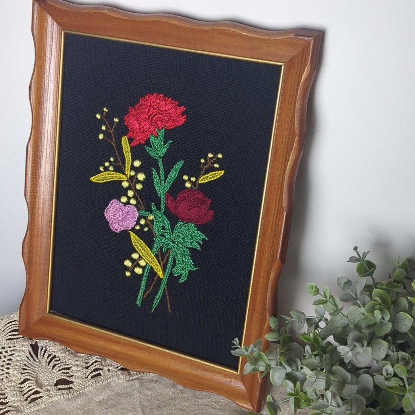 Vintage Floral Crewel Embroidery Framed Art, Romantic Cottage Wall  Art