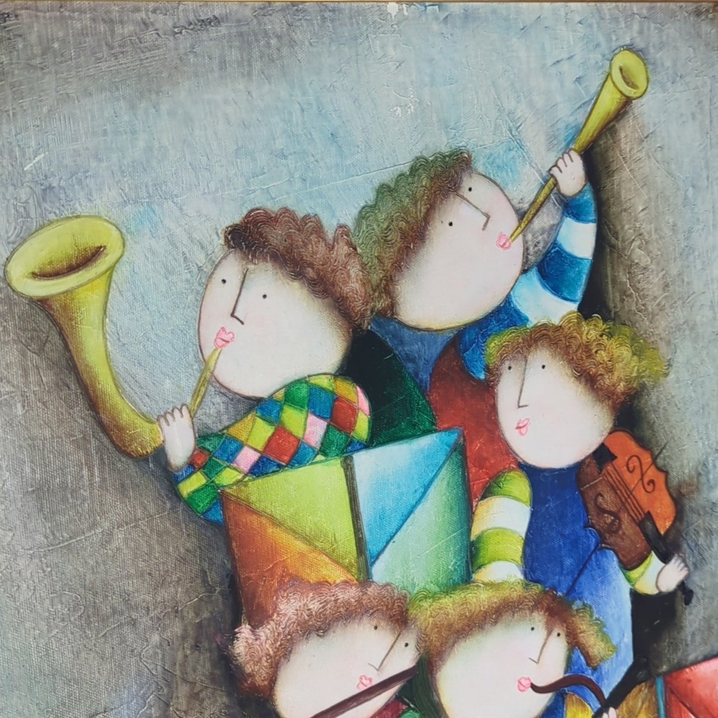 Vintage Roybal Style Musicians Painting Framed Canvas Whimsical Folk Art 24x28