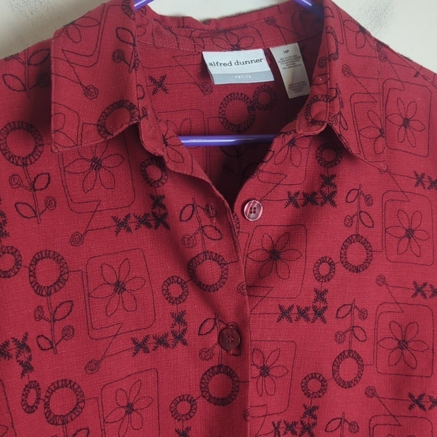 Embroidered Floral Linen Blend Button Down Top/ Shacket Women's Size 14P