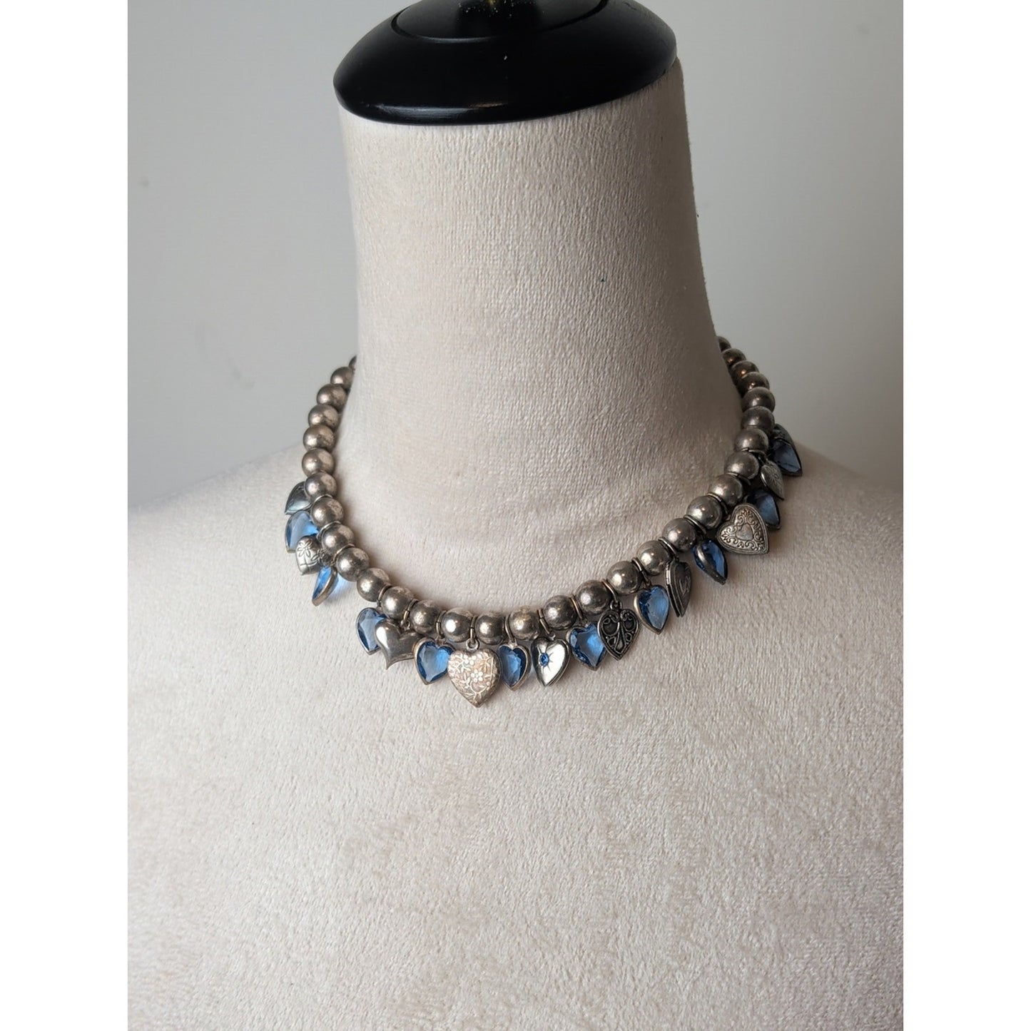 Vintage Artisan Heart Charm Necklace Sterling Accent Blue Faceted Glass