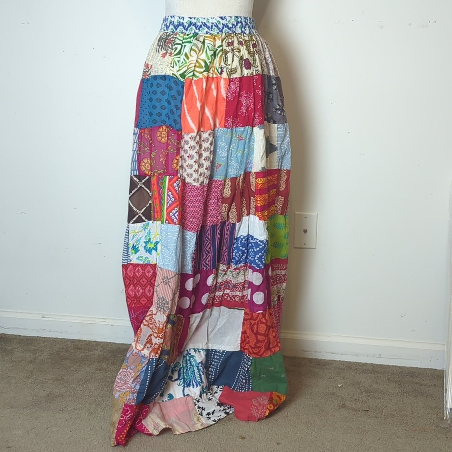 Vintage Patchwork Maxi Skirt or Strapless Boho Dress Cotton Festival Hippie