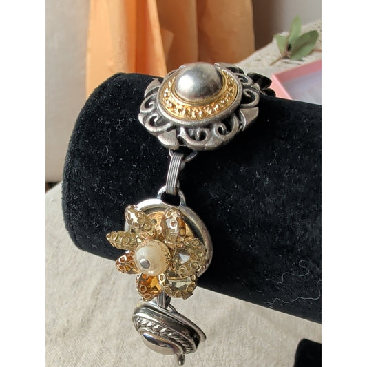 Vintage Artisan Assemblage Bracelet Mixed Metal Wearable Art Boho Luxe
