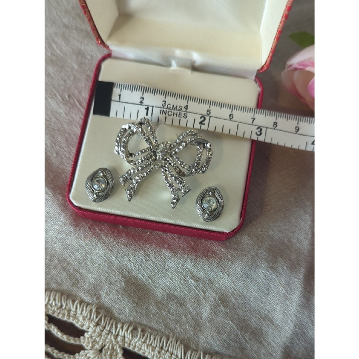 Vintage Laura Gayle Rhinestone Bow Brooch & Earrings 90s Coquette Jewelry