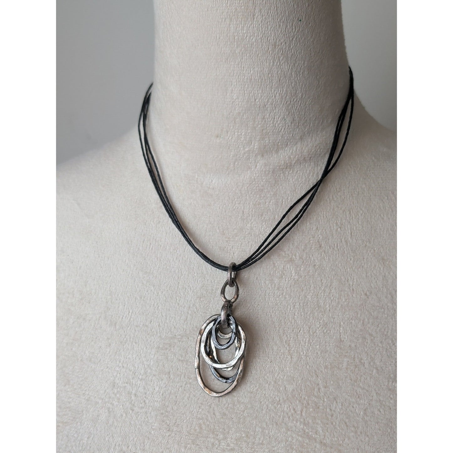 Artisan Hammered Silver Tested Multi Hoop Pendant Necklace Mixed Metal Modernist