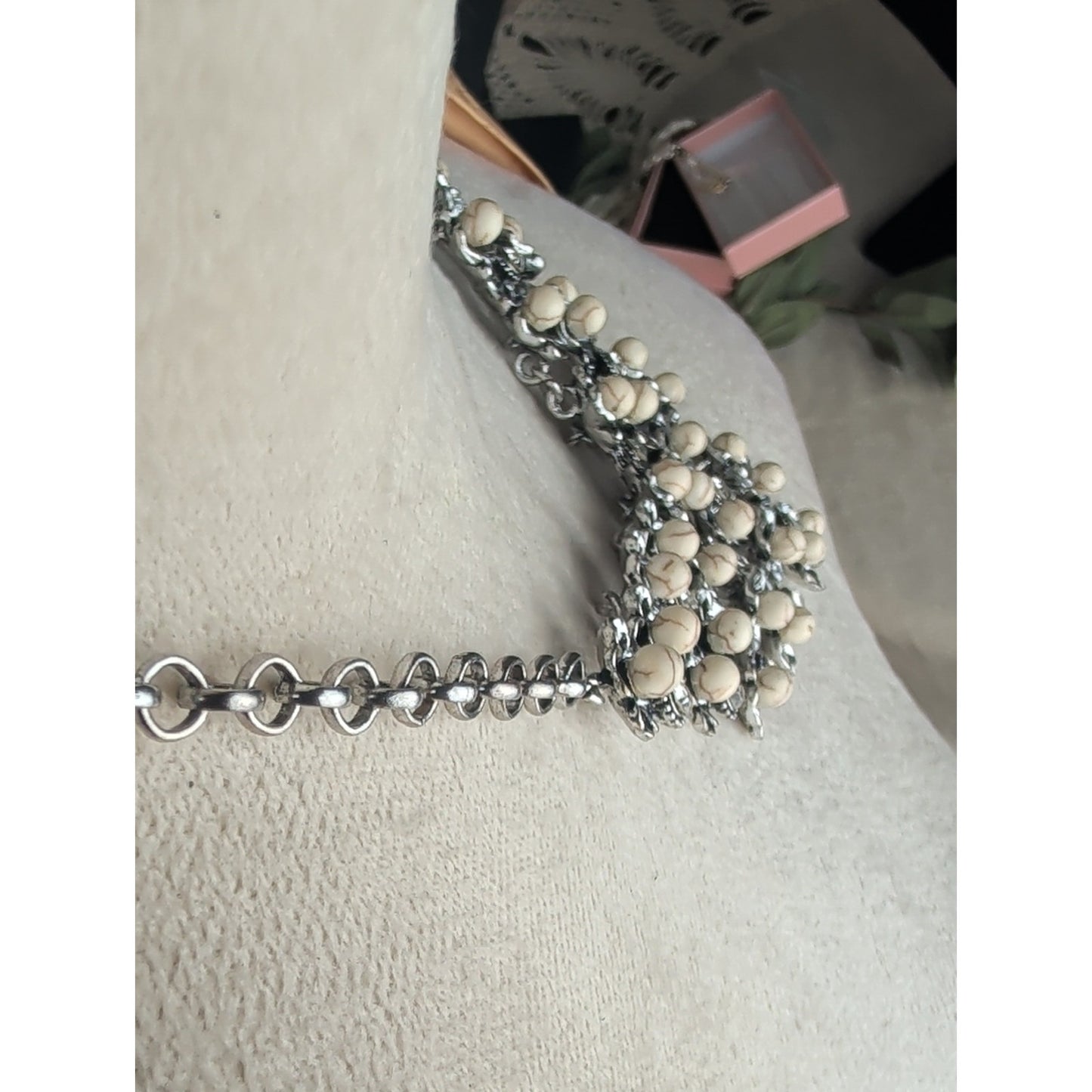 Victorian Style Floral Bib Necklace Antique Silver Tone Rhinestone Dark Romantic