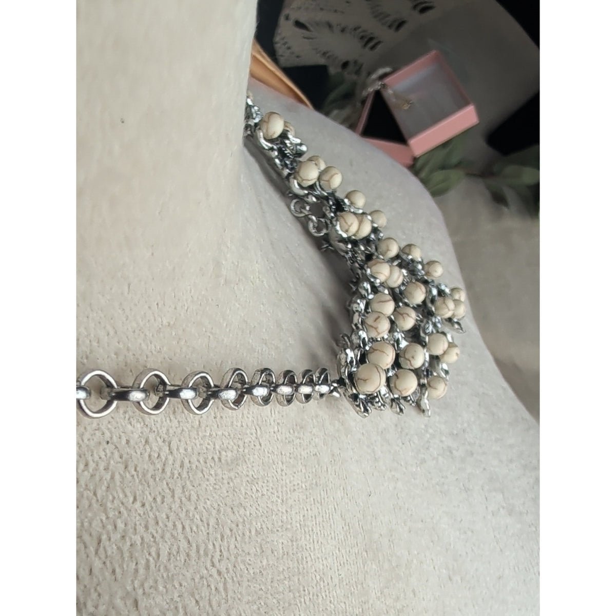Victorian Style Floral Bib Necklace Antique Silver Tone Rhinestone Dark Romantic