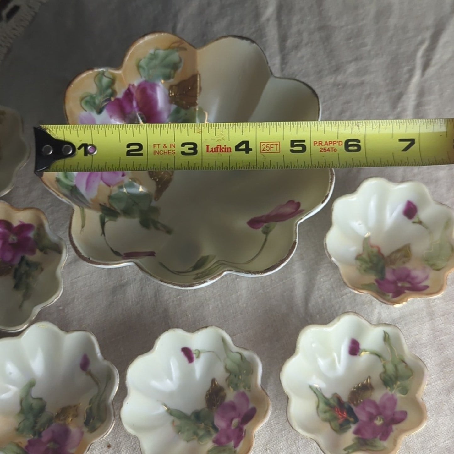 Vintage Made in Japan Porcelain Relish Server Set 3-Footed Bowl & 6 Floral bowls