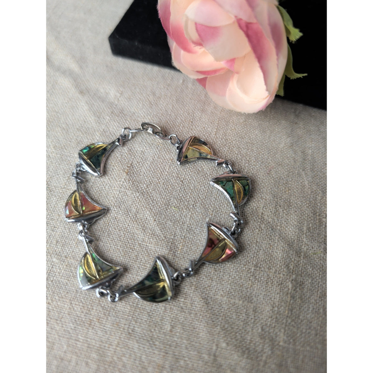 Vintage Silver Tone Sailboat Abalone Inlay Link Bracelet 7.5".