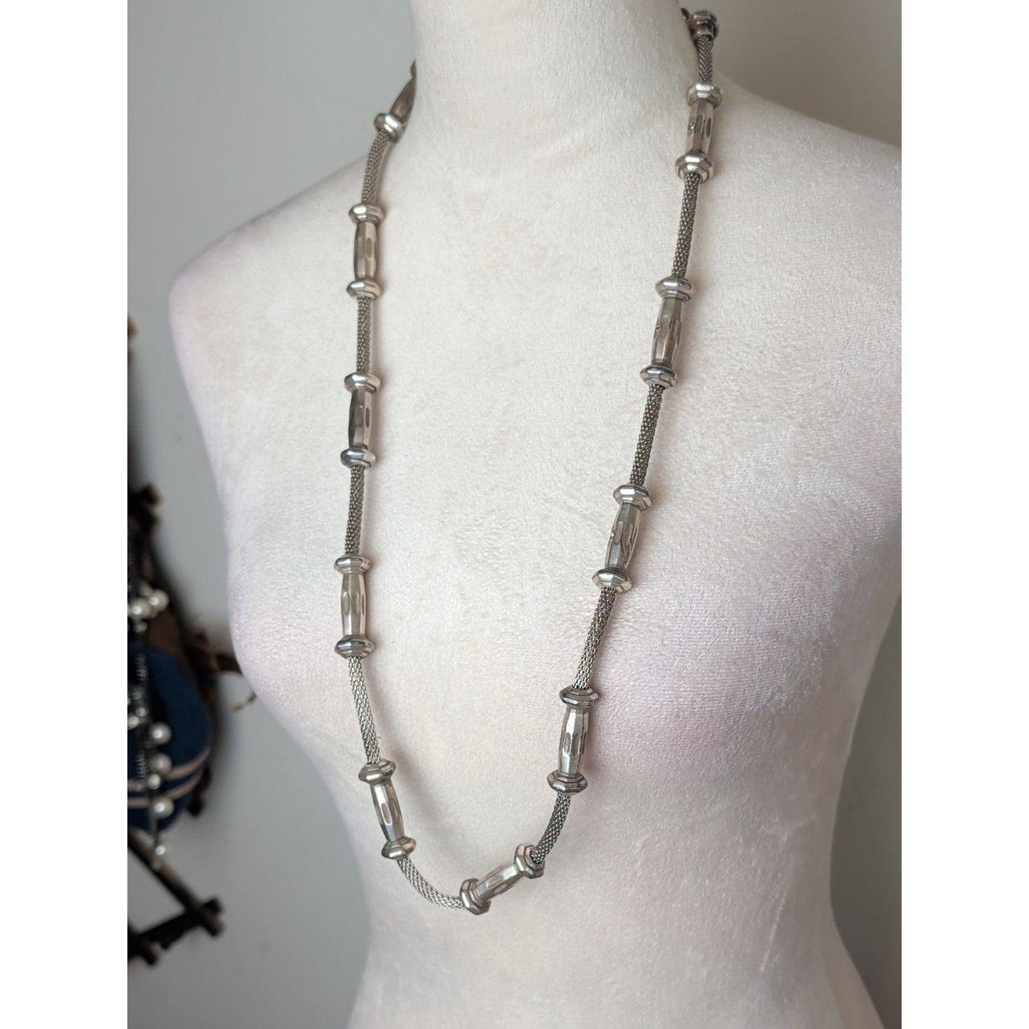 Vintage 80's Industrial Modern Mesh Cable  Necklace Heavy Silver Tone Brutalist