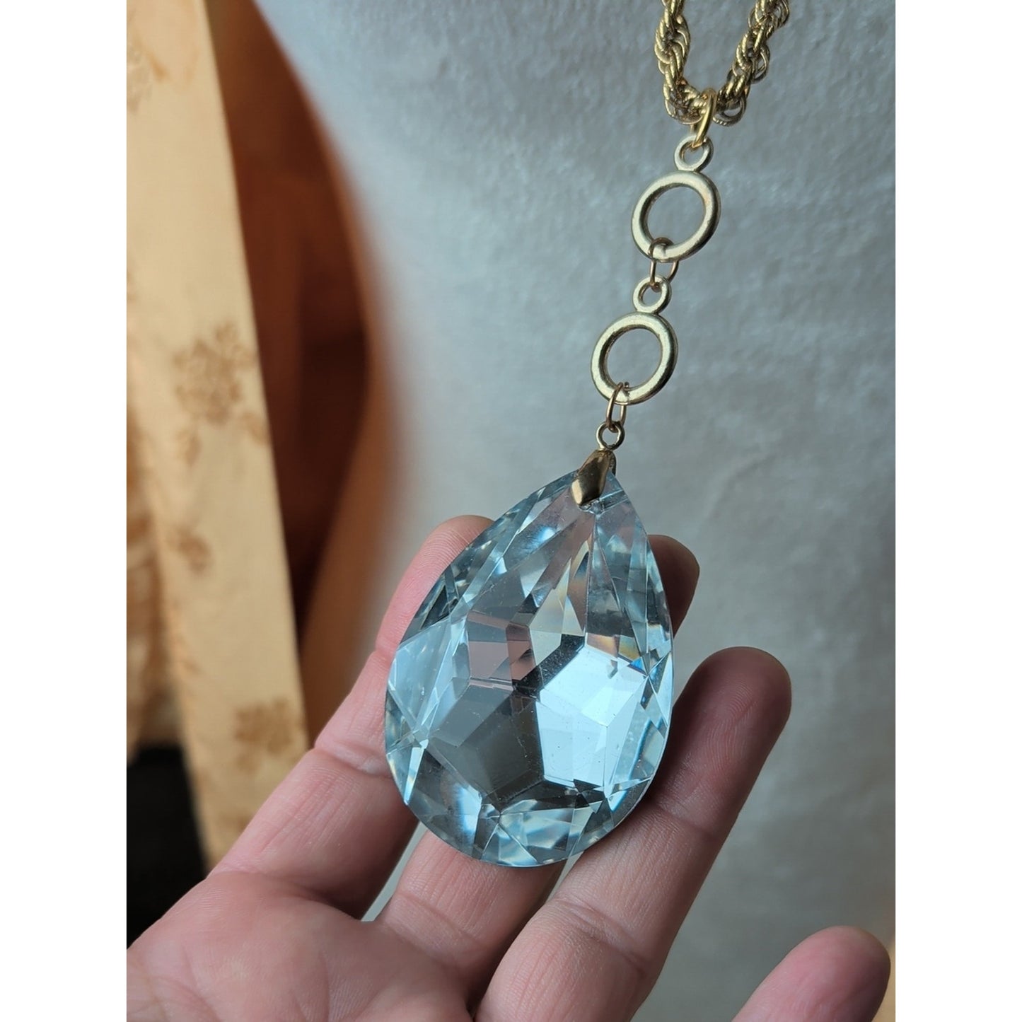 Vintage Monet Opera Length Necklace Oversized Clear Crystal Glass Pendant