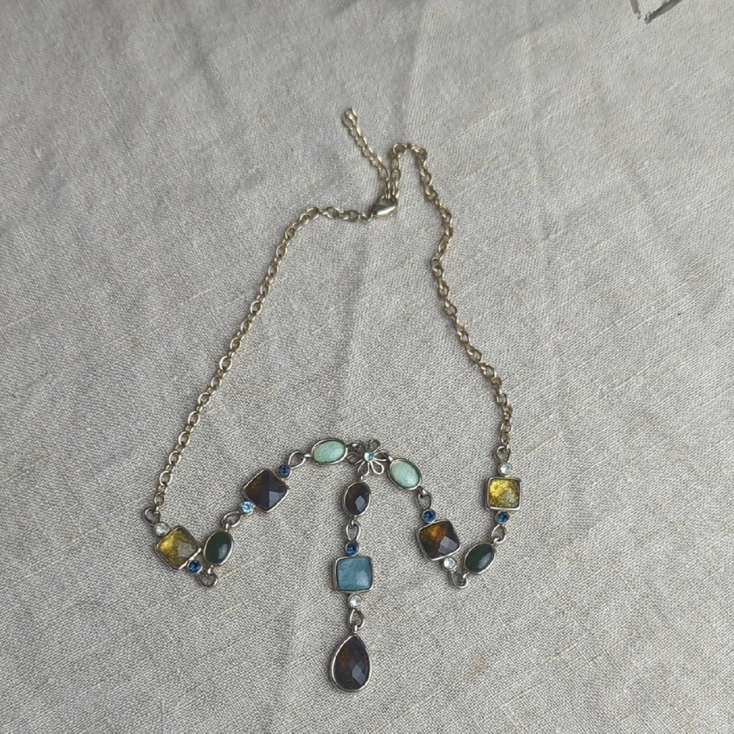 Artisan Mixed Stone Y Necklace Boho Earth Tone Statement