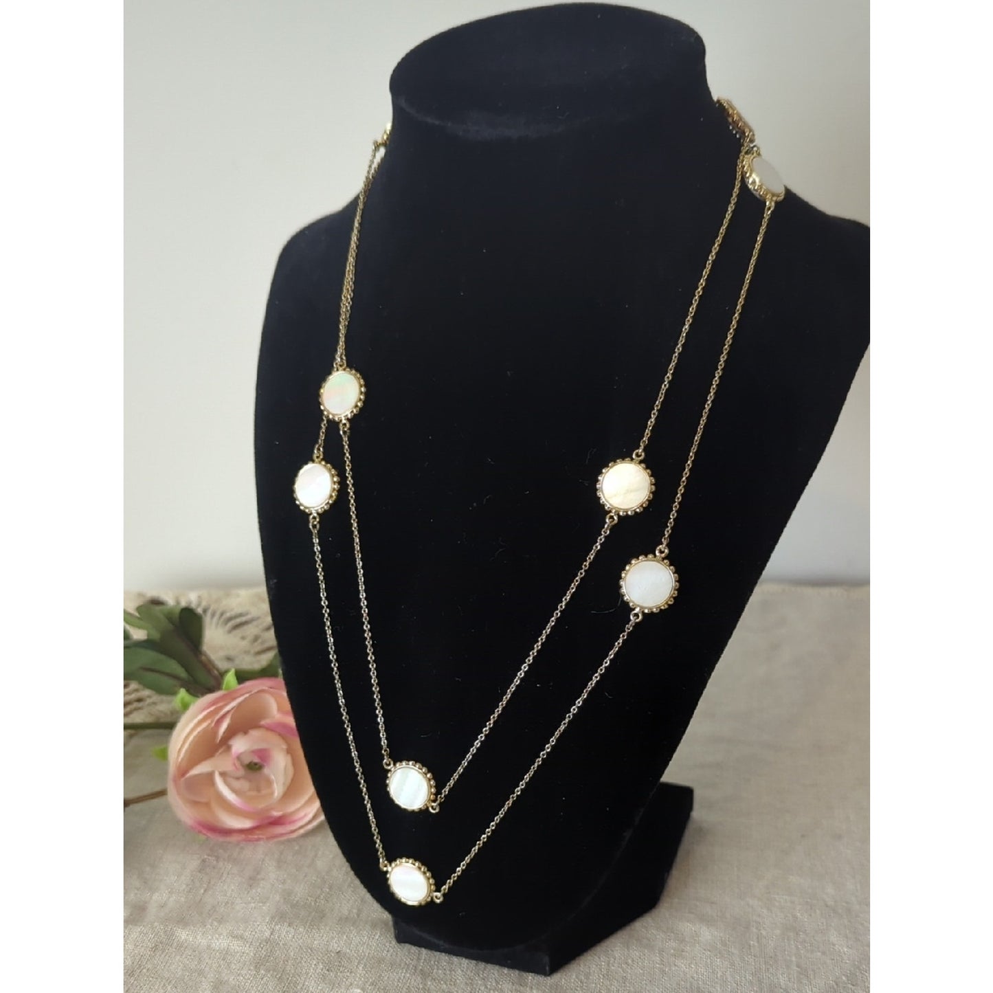 Mother of Pearl Long Layered Gold Necklace, Iridescent Shell Station Coastal