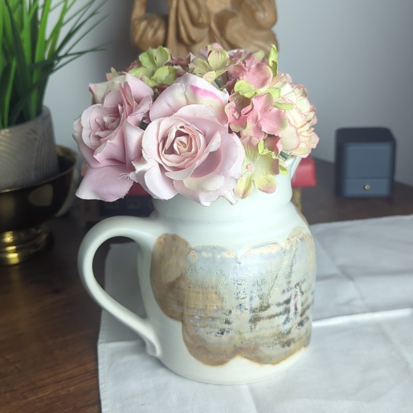 Stocky Handmade Artist Signed Pitcher Flowers Milk Shelf Styling Cottage