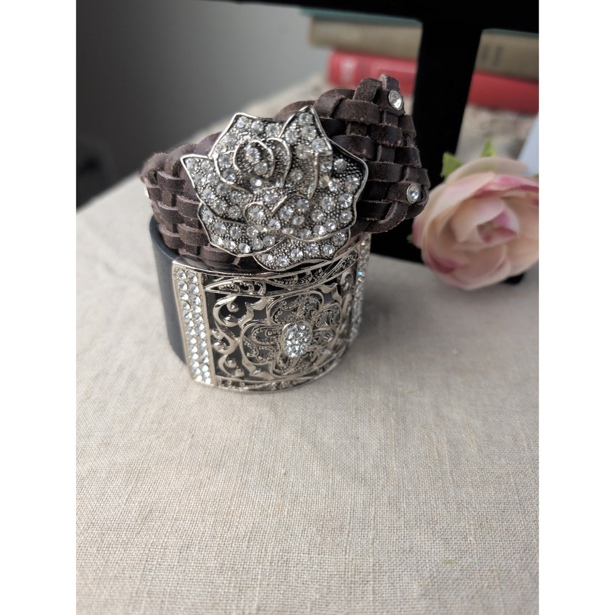 Coastal Cowgirl Genuine Leather Snap Rhinestone Bracelet Black & Brown Layering