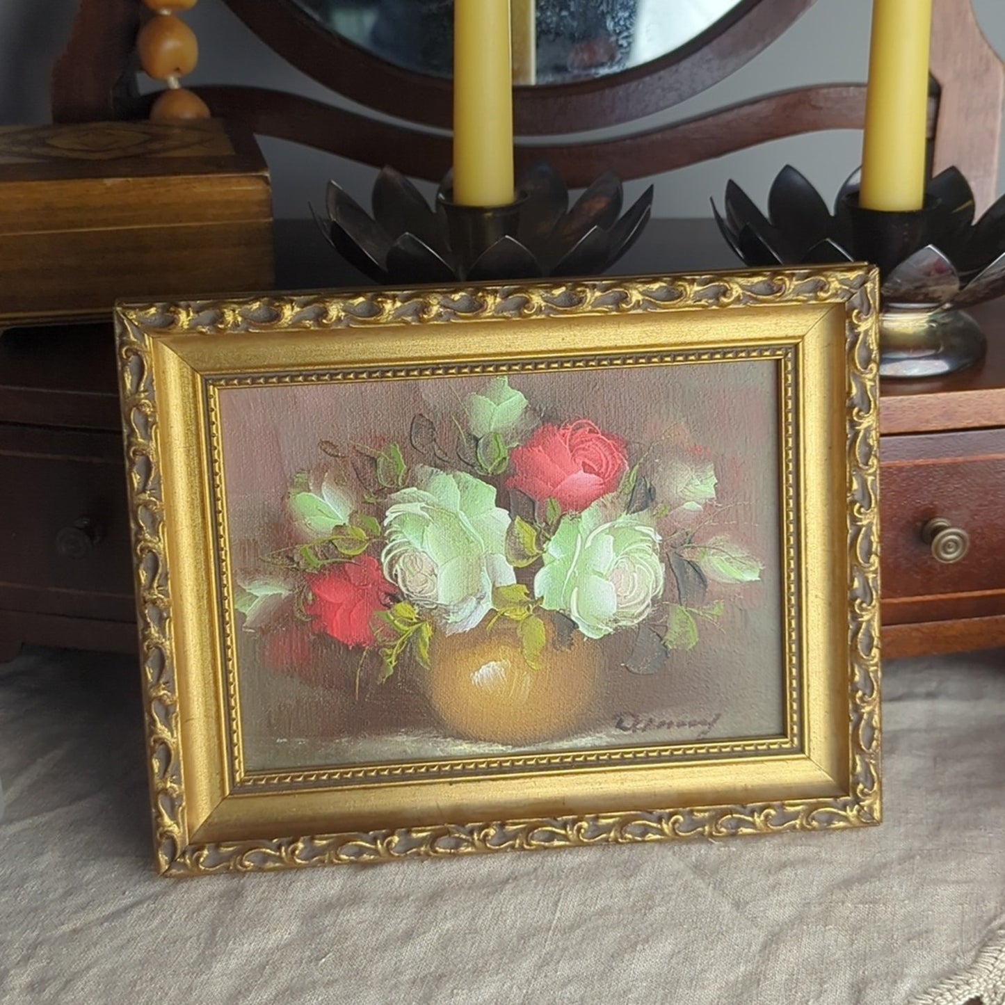 Vintage Hand Painted Floral Still Life Painting 7x9 Framed Romantic Cottage Art