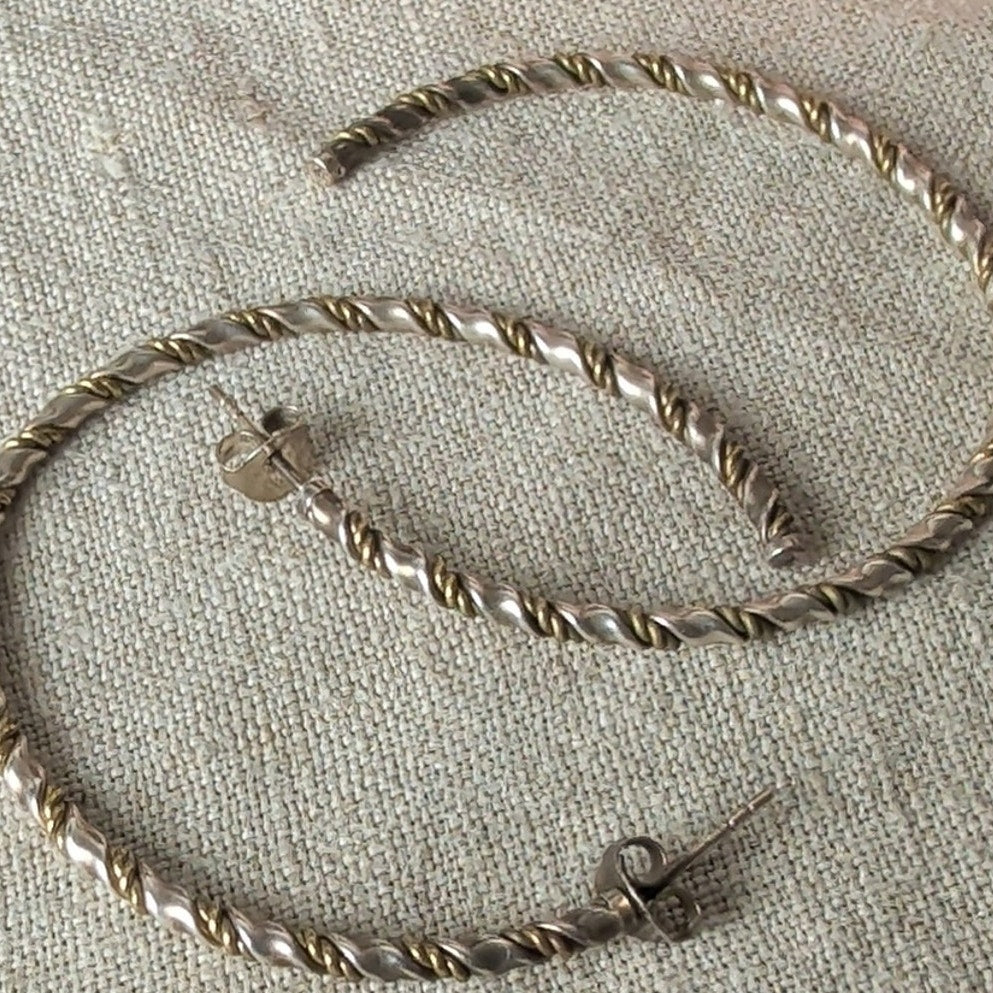 Vintage C&H 925 Sterling Silver Two-Tone Twisted Rope Hoop Earrings