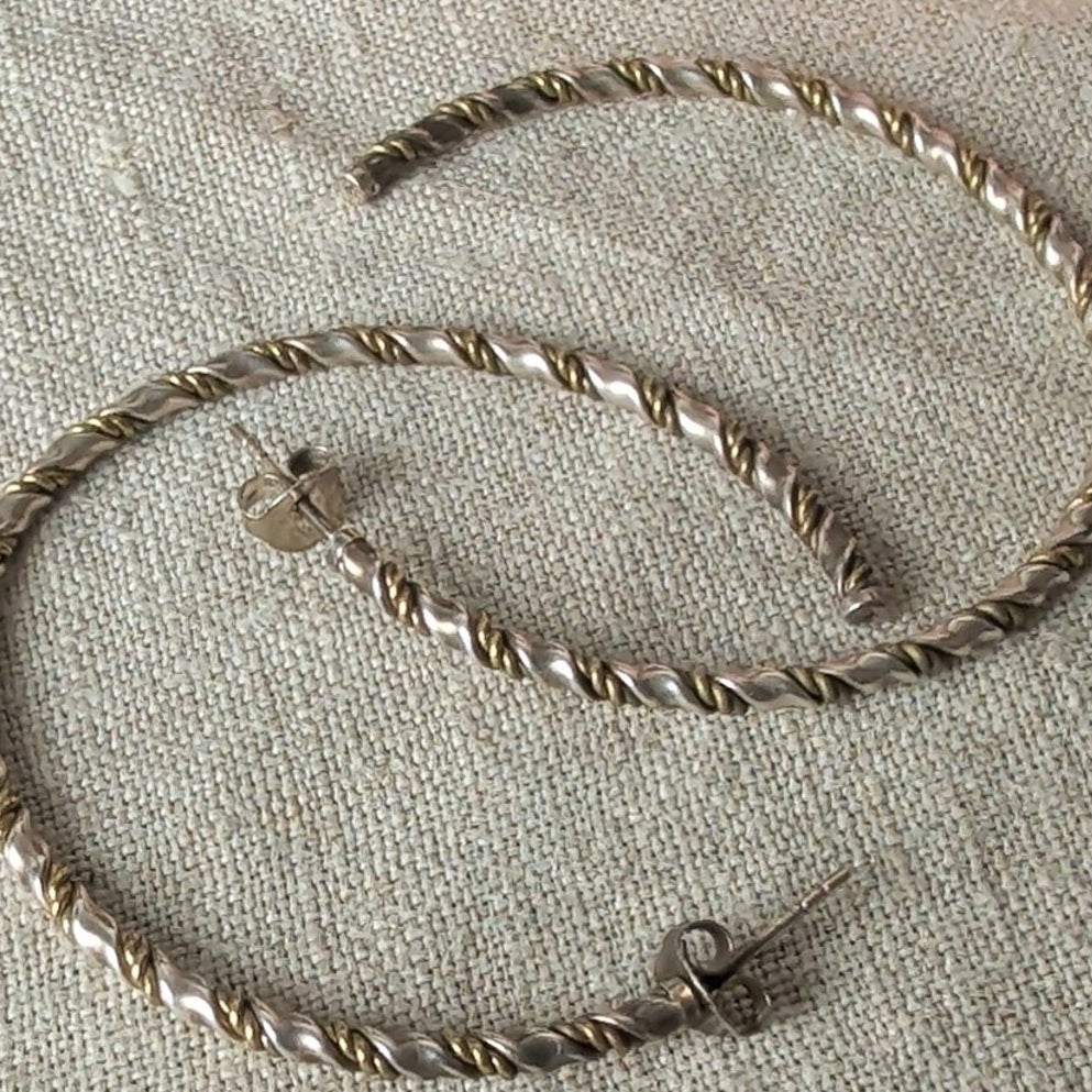 Vintage C&H 925 Sterling Silver Two-Tone Twisted Rope Hoop Earrings