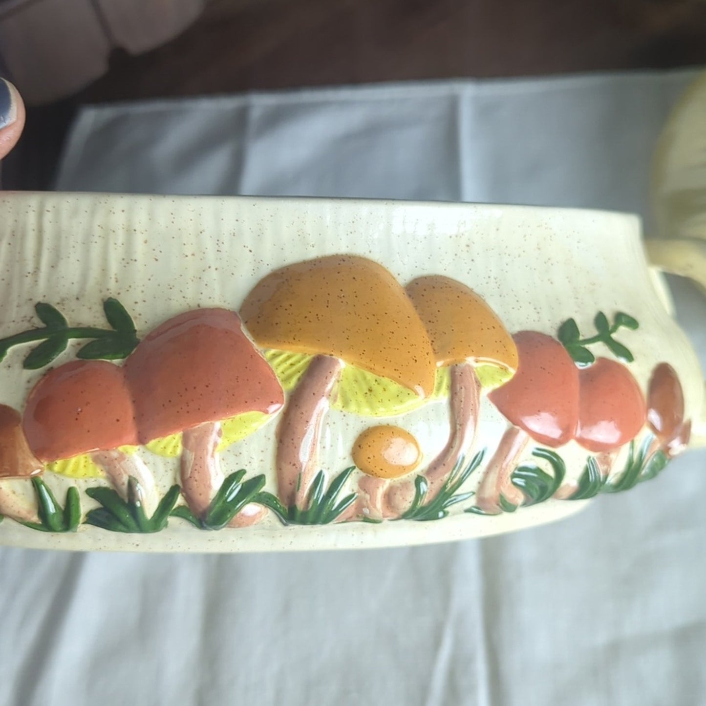 Vintage Storybook Mushroom Covered Serving Dish Large Folk Art Whimsical