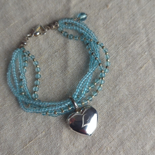 Vintage Blue Glass Beaded Bracelet Heart Locket Multi Strand