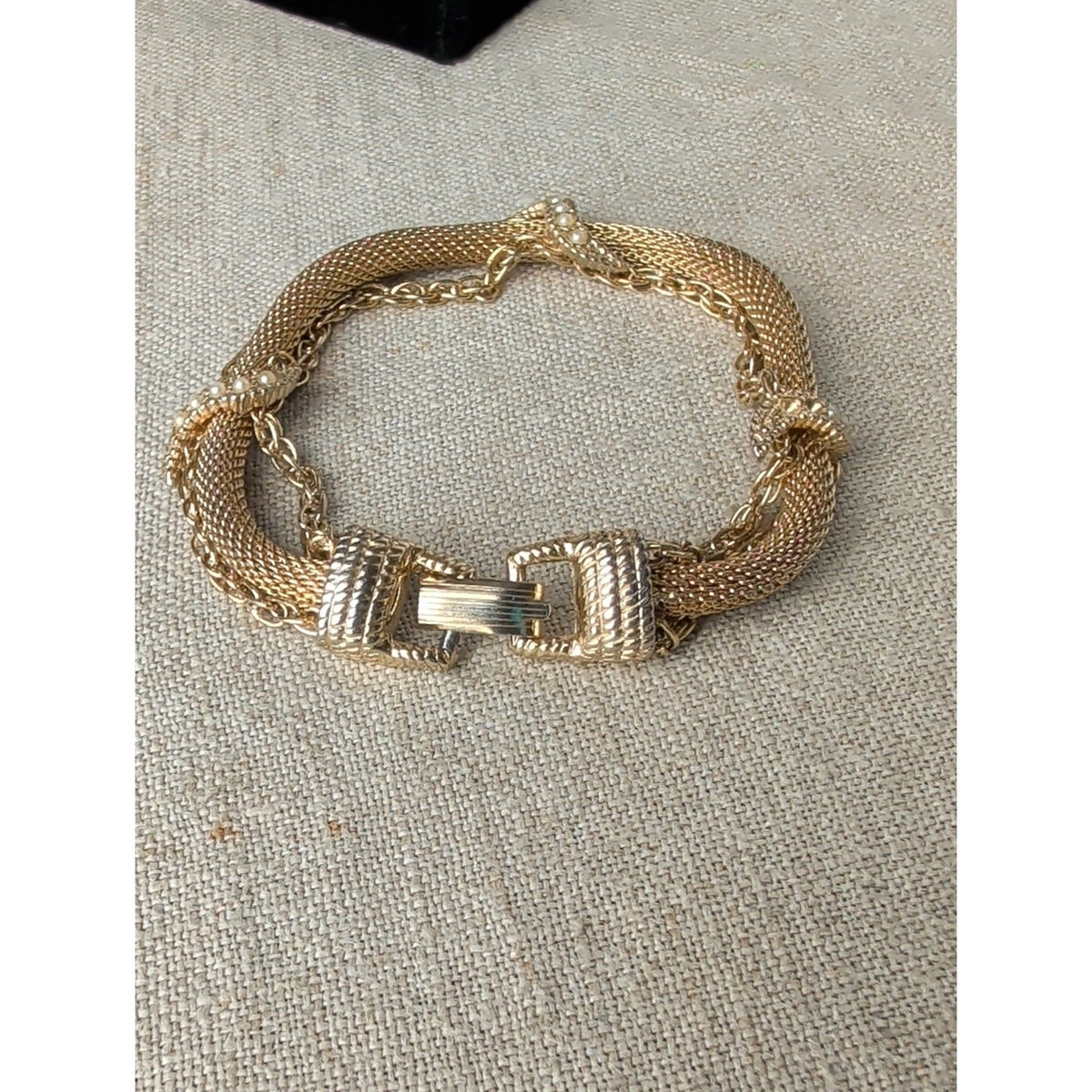 Vintage 1960s Goldette Gold Tone Mesh Bracelet Wide Woven Victorian Revival