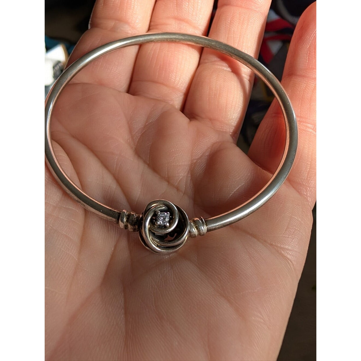 Pandora 925 Sterling Silver Swirl Knot Bangle Bracelet CZ Modern Minimalist
