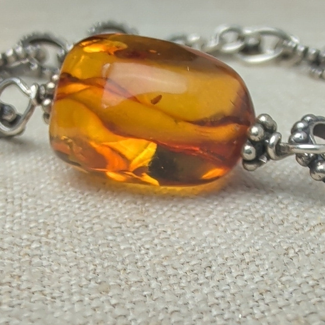 Dreamy 925 Sterling Silver Amber Bracelet Cognac Artisan Statement Jewelry 7"