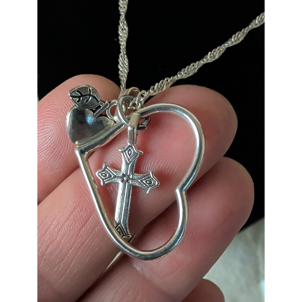 Teacher Apple Heart Cross Charm Necklace Faith Inspire Silver Tone Gift