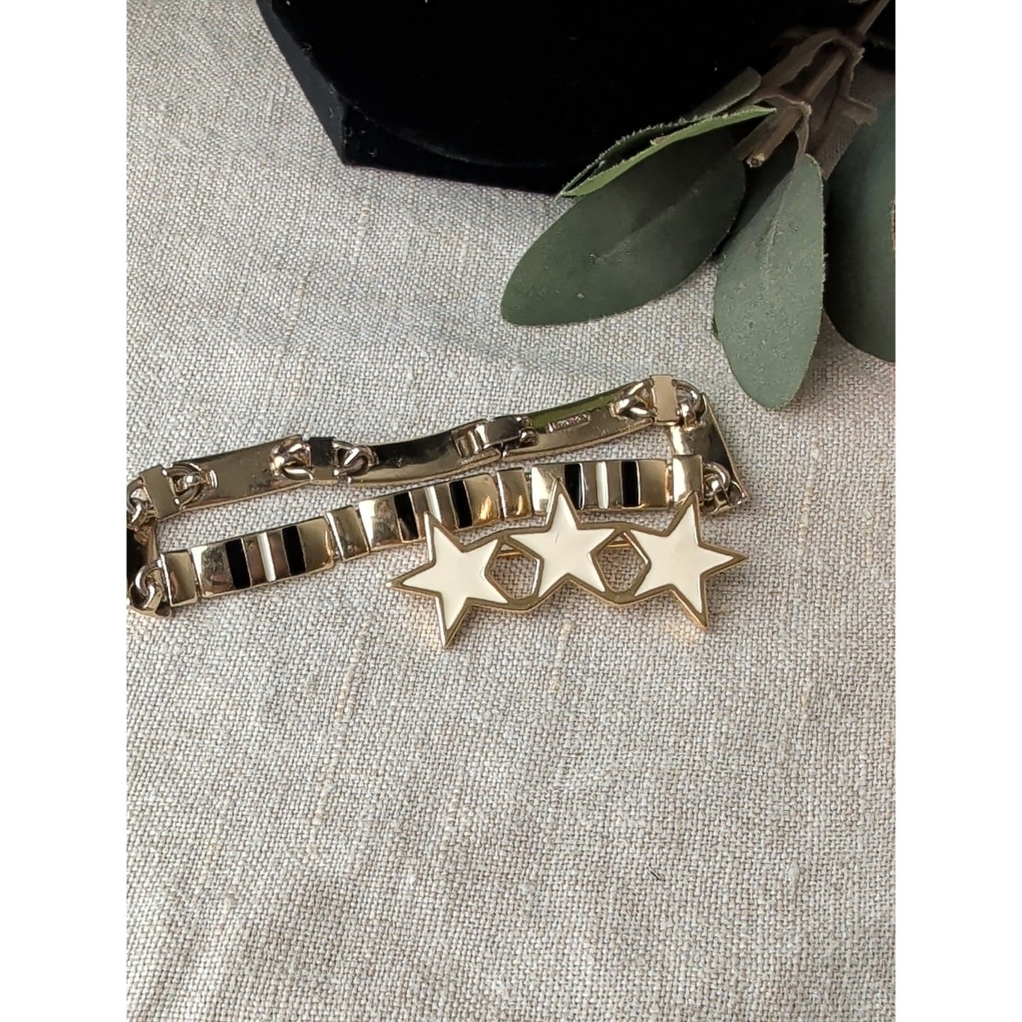 Monet White Enamel Star Brooch and Minimalist Bracelet Set