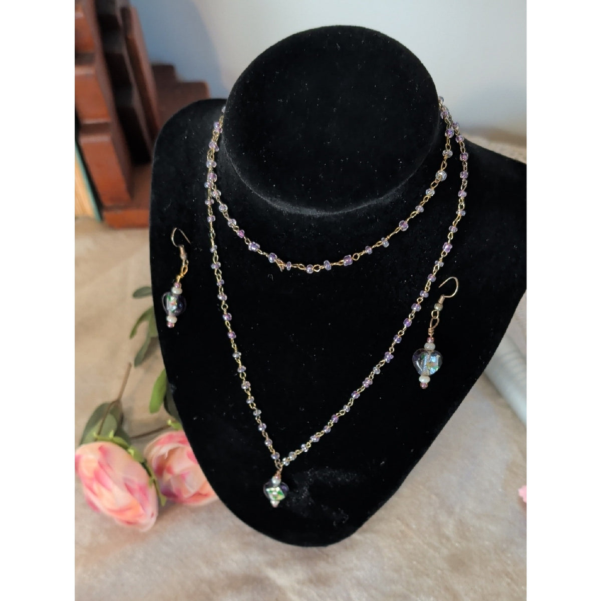 Artisan Lampwork Glass Necklace & Earrings Set Murano Inspired Purple