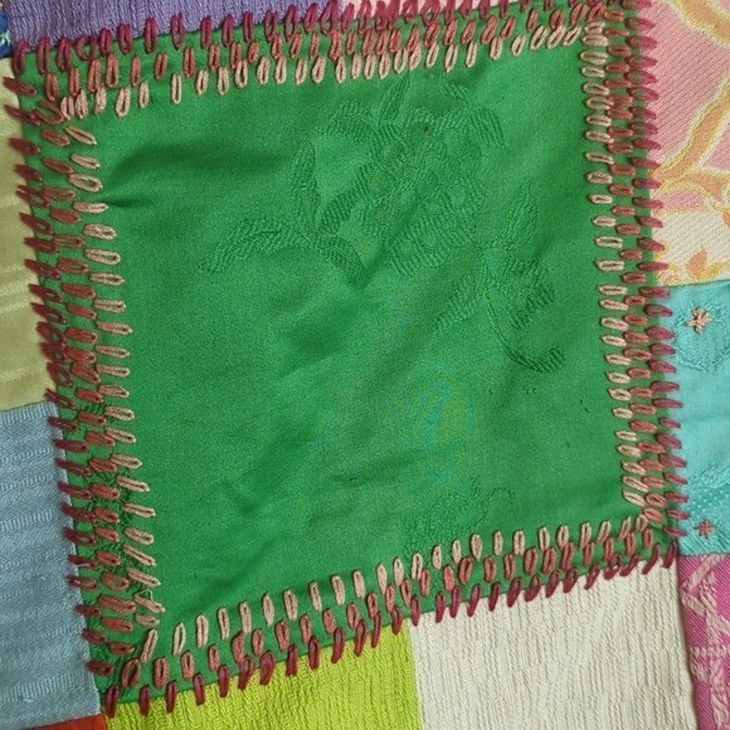 Crazy Quilt Large Rare Vintage Patchwork Quilt Embroidered Gold Satin Back 58x88