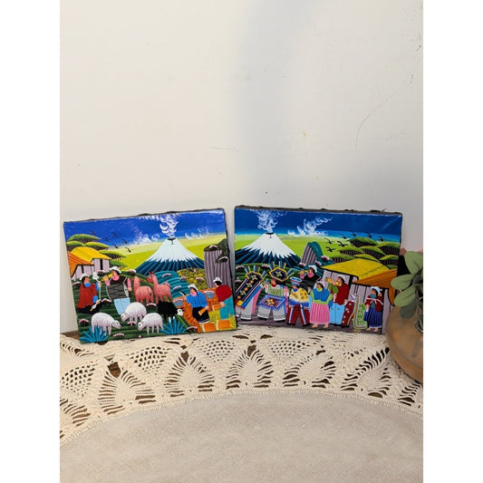 Ecuadorian Folk Art Paintings Pair Hand Painted Andean Village Textured Canvas