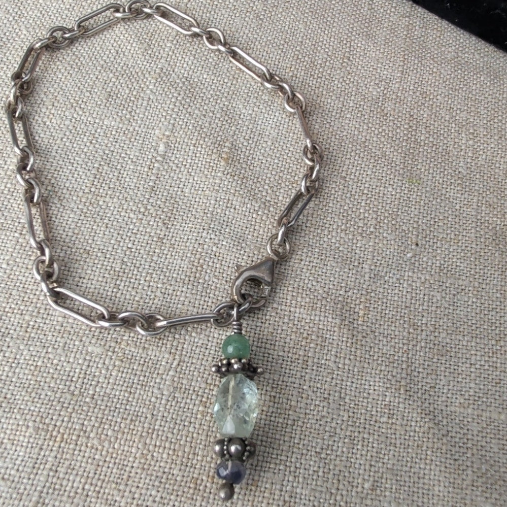 Sterling Silver Artisan Paperclip Chain Bracelet Mixed Gemstone Dangle 6.75