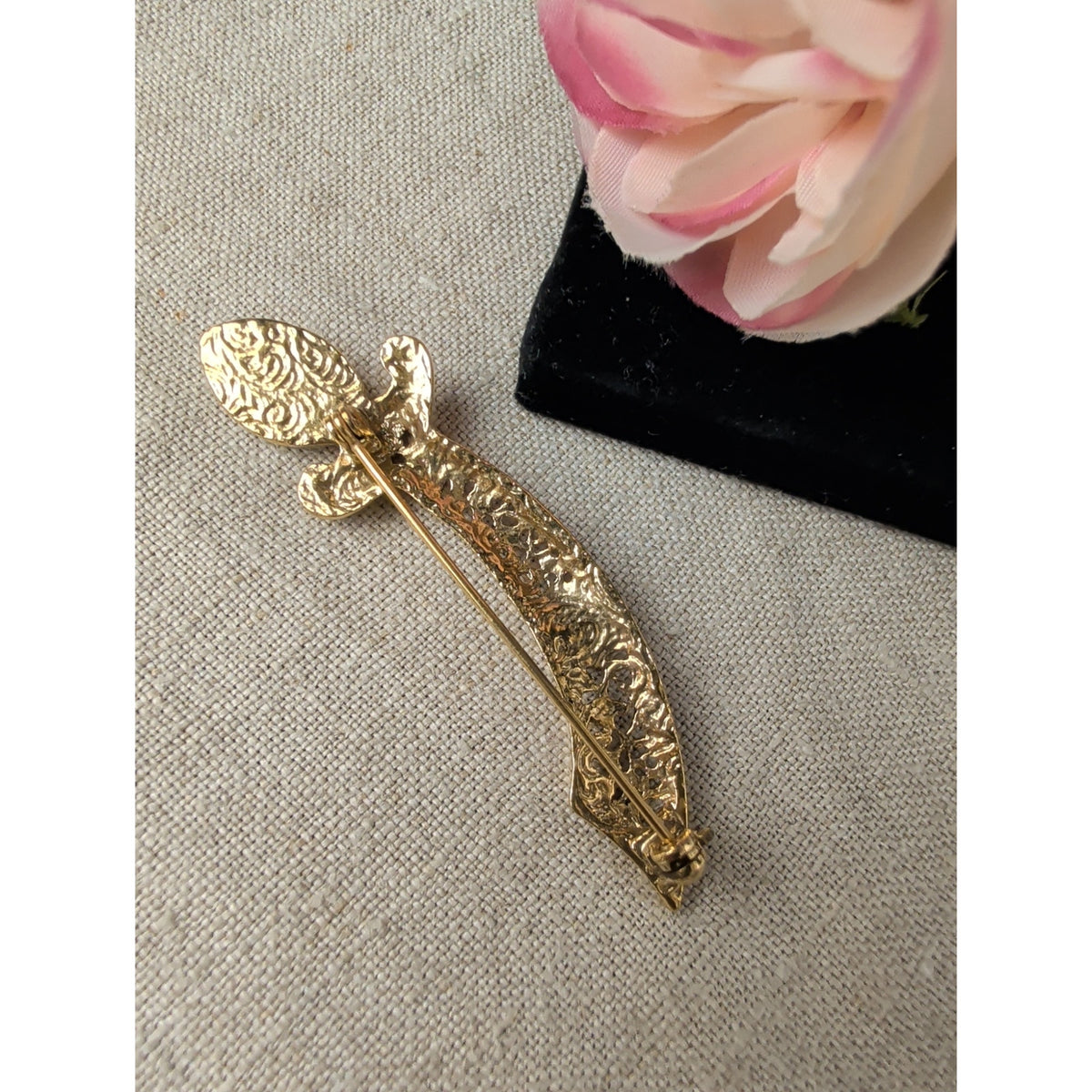 1928 Signed Sword Brooch Gold Tone Faux Pearl Filigree Vintage Style Jewelry