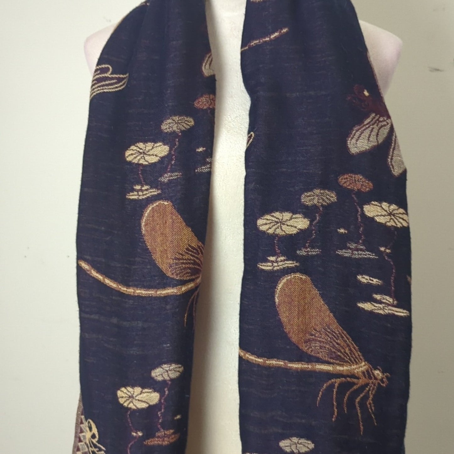 Vintage Dragonfly Water Lily Jacquard Tapestry Shawl Fringe Blanket Scarf Woodland Whimsical