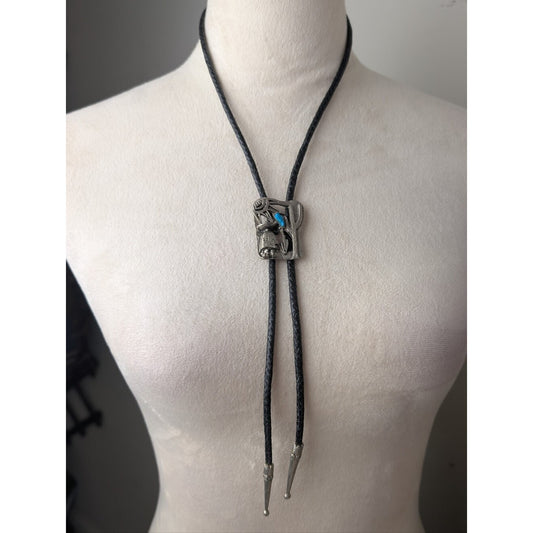 Vintage Southwestern Bolo Tie Cactus Sun Turquoise Color Cabochon Western