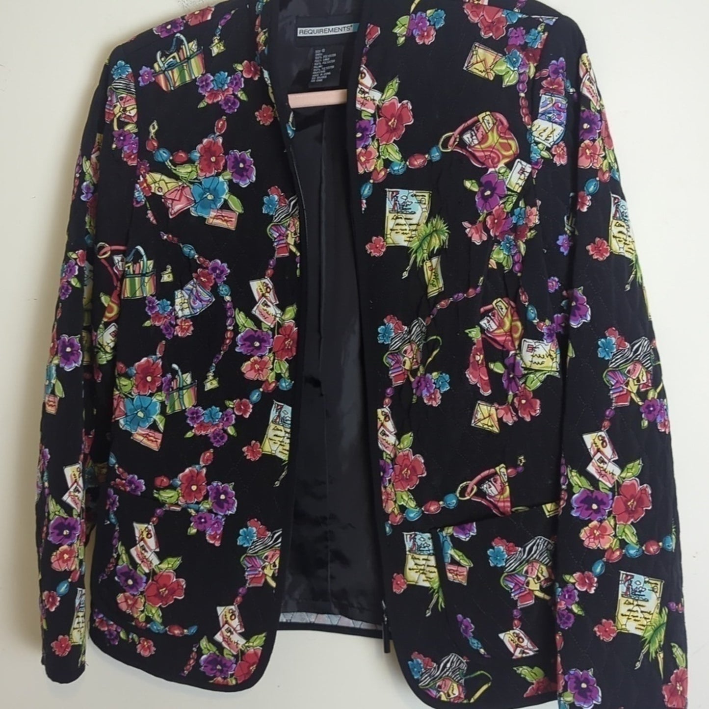 Vintage Quilted Stitched Art to Wear Zip-up Jacket Floral Stationary  Women's Sma…