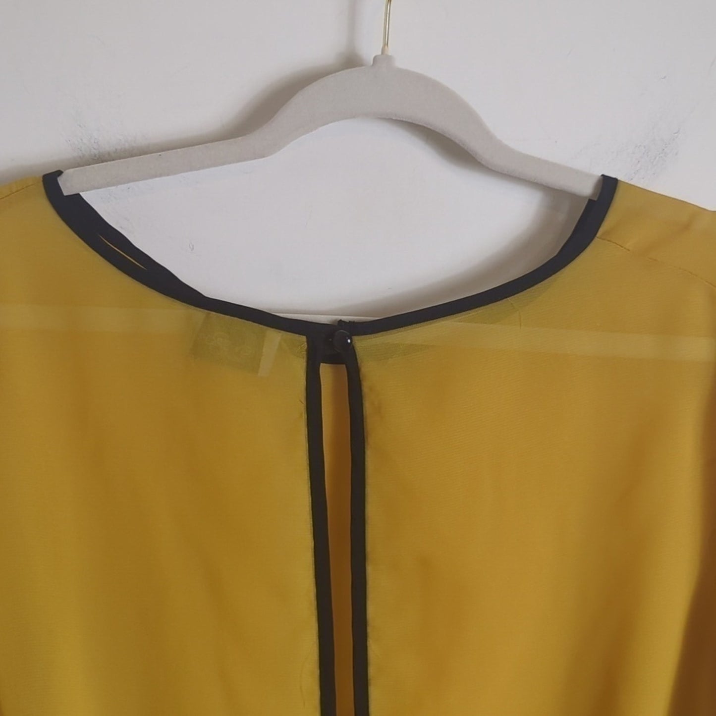 Mustard Yellow Pop-Over Sheer Blouse Peekaboo Back Mustard Yellow