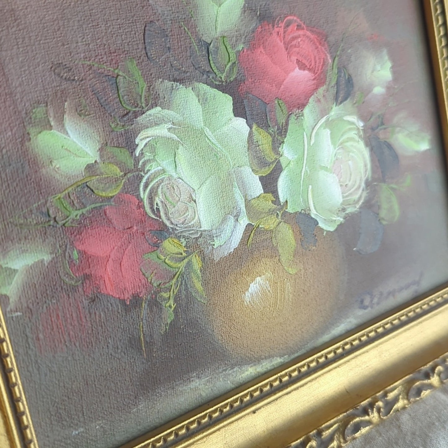 Vintage Hand Painted Floral Still Life Painting 7x9 Framed Romantic Cottage Art